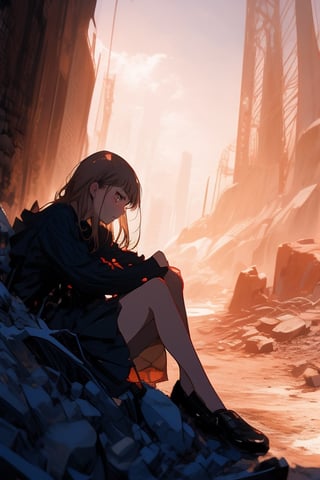 masterpiece, impastel, cinematic lighting, dynamic rays, medium shot, hyperdetailed, 1 girl, long brown hair, black eyes, wear dress, sitting on rock side view, shivering(hold arms)(hide face), black wings spread, wasteland as background, trending artstation, fully rendered(expressive)