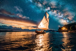 A real photographic landscape painting with incomparable reality,Super wide,Ominous sky,Sailing boat,Wooden boat,Lotus,Huge waves,Starry night,Harry potter,Volumetric lighting,Clearing,Realistic,James gurney,artstation –ar 9:16,Movie Still