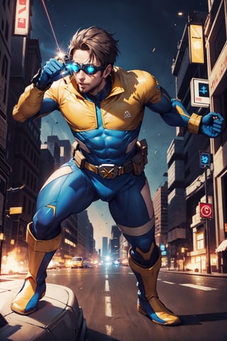 (4k), (Masterpiece), (Best Quality), (Award-winning), (Film Lighting), (Extremely Detailed), (Epic), Full Body, 1boy, brown hair, (metal safety goggles), ((blue tights suit)), (yellow leather gloves), (yellow leather boots), tactical belt, (goggles emitting red lasers), dynamic poses, wind, perfect light, rim light, city street_background, (laser refraction in background), fantasy00d