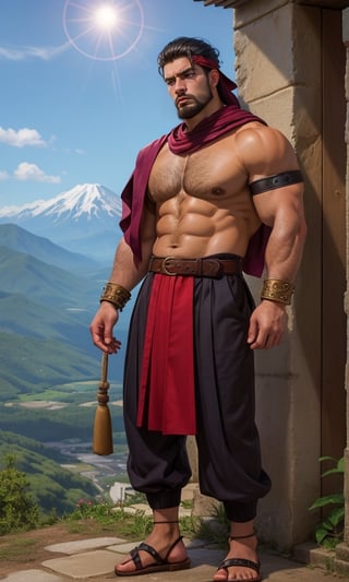 1 japanese man, solo, (beefy), black hair, beard, dark skin, (dark_skinned_male:1.2), pectoralis, half chest exposed, looking at viewer, large pec, mountain_setting, (monk suit), (headkerchief), pelvic_curtain, standing, obi, belt,  sandals, laced_sandals, bracers, 8K, best quality, detailed face,full_body,
