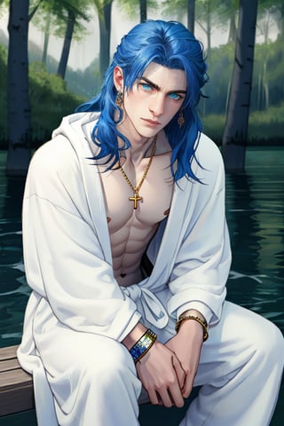 1 man,blue hair,long hair,handsome, pale skin, slender, (skinny), (muscleless), topless, white robe, earrings, ribbon tied around the waist,gold bracelets,emerald necklace,wind, holding wand,Masterpiece,best quality,high res,detailed face,detailed eyes,dynamic pose,perfect light,rim light,forest background, (sit by the lake),(side view:0.6),