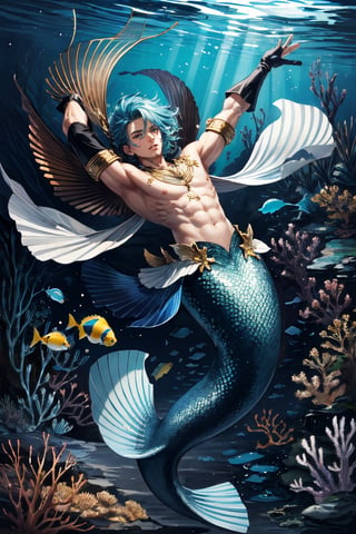 masterpiece, best quality, ultra high res, 1male, male mermaid, manly, muscular,brawny, beefy,short wave hair, (tan skin), (golden scales), (fins on arms),fins on back, trident, under the sea, bubble, fishes, dynamic action, coral reefs, light refracted under the sea. depth of field, perfect light, ,mermaid foucs,