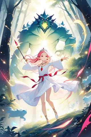 1 elf girl, pink long hair, Center parted bangs, smart, beautiful, pointed ears, tiara, sapphire pendant earrings, white shoulderless high-neck dress, red ribbon tied around the waist, white sleeves, gold bracelets , emerald necklace, (holding ruby ​​wand), magician, (she is fighting monster:1.2), forest background, wind, chanting spells, Masterpiece, best quality, high res, detailed face,dynamic pose, perfect light, rim light, long shot,full body,keep facial details visible,