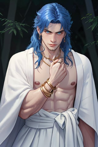 1 man,blue hair,long hair,handsome, pale skin, slender, (skinny), muscleless, topless, white robe, earrings, ribbon tied around the waist,gold bracelets,emerald necklace,wind, holding wand,Masterpiece,best quality,high res,detailed face,detailed eyes,dynamic pose,perfect light,rim light,forest background,