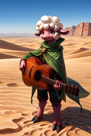 1boy, anthro, sheep, white-pink fur, cute, Shorty, green cloak, langot, bard, instrument, perfect anatomy, (desert), detailed face, detailed finger, perfect light, best quality, high res, ultra hd,Furry