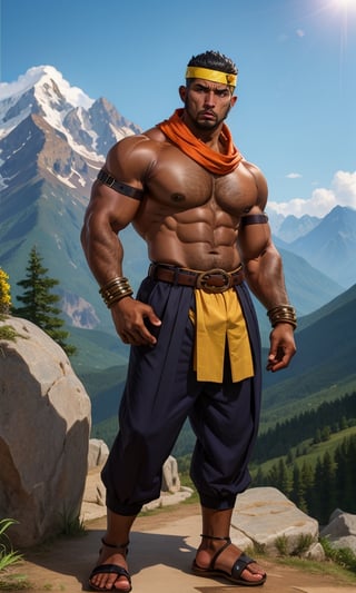 1 japanese man, solo, (beefy), black hair, beard, dark skin, (dark_skinned_male:1.7), pectoralis, half chest exposed, looking at viewer, large pec, mountain_setting, (monk suit), (headkerchief), pelvic_curtain, standing, obi, belt,  sandals, laced_sandals, bracers, 8K, best quality, detailed face,full_body,
