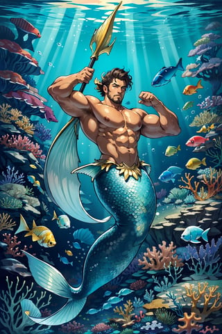 masterpiece, best quality, ultra high res, 1male, male mermaid, manly, muscular,brawny, beefy,short wave hair, (tan skin), (golden scales), (fins on arms),fins on back, trident, under the sea, bubble, fishes, dynamic action, coral reefs, light refracted under the sea. depth of field, perfect light, ,mermaid foucs,