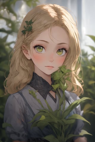 ((solo waist-up portrait))A gentle girl, around 11 years old, with long straight blonde hair and green eyes. She often wears simple dresses, giving a fresh and natural look.Lily is kind, patient, and deeply caring about the environment. She is knowledgeable in gardening and ecology, and very understanding of others' needs and feelings.