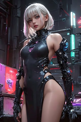 Sexy Pose, (masterpiece+best quality),(solo), 1 I Indian beauty, white hair ,  (high sexual attraction,long hair), in the dark night, (sexy Indian dress kurti + body implants) , moon ,( highly detailed background of ancient Indian achitechture+with neon lights) ,ink,Cyberpunk,Enhance, Indian Culture 