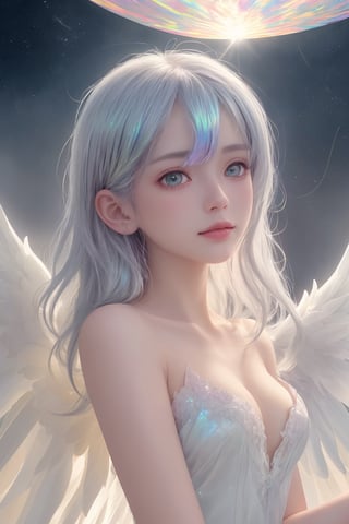 (masterpiece, best quality, CGI, official art:1.2), (stunning celestial being:1.3), (iridescent wings:1.4), shimmering silver hair, piercing sapphire eyes, gentle smile, (luminous aura:1.2), soft focus, whimsical atmosphere, serene emotion, dreamy tone, vibrant intensity, inspired by Hayao Miyazaki's style, ethereal aesthetic, pastel colors with (soft pink accents:1.1), warm mood, soft golden lighting, diagonal shot, looking up in wonder, surrounded by (delicate clouds:1.1) and (shimmering stardust:1.2), focal point on the being's face, intricate textures on wings and clothes, highly realistic fabric texture, atmospheric mist effect, high image complexity, detailed environment, subtle movement of wings, dynamic energy.