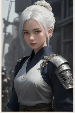 ultra realistic , extreme detail description, Christopher Nolan's movie-style poster features a 16-year-old girl with blue eyes and white hair, embodying the Shinobi of Japan's Warring States Period, An enigmatic female kunoichi, clad in revealing dark ninja costume , bursting with unspoken power, illustrates a fierce and formidable female warrior in the battlefield . The image, likely a detailed painting, showcases the intensity of the female ninja's gaze and the intricate craftsmanship of her armor. Each intricately depicted detail mesmerizes the viewer, immersing them in the extraordinary skill and artistry captured in this remarkable poster, cyberpunk style