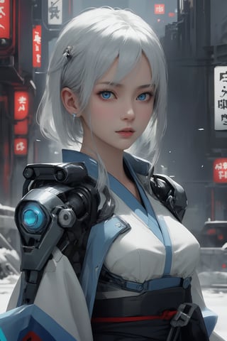 Best picture quality, high resolution, 8k, realistic, sharp focus, realistic image of a Japanese beauty, supermodel, pure white hair, blue eyes, wearing revealing high-tech cyberpunk style kimono , radiant Glow, ice theme, custom design,swordup, looking at viewer