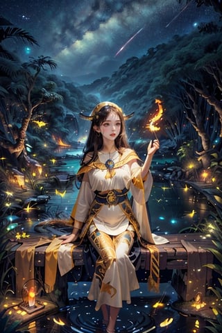 Prehistoric Art, Masterpiece, Best Quality, Super Detailed, Illustration, 1 Priestess, Regular Features, Exquisite Beauty, Hot Body, Fire, Runes, Oracle, Jungle, Prehistoric Beasts, Starry Sky, Medium Shot, Foreground, Lake , woods, fireflies