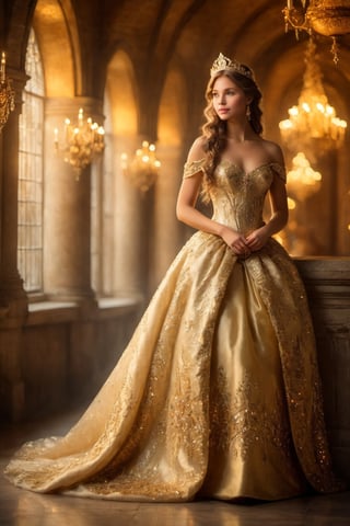 full body, Enchanting Fairy Tale Princess, Royal Castle Setting, Soft Golden Lighting, Regal Gown, (high resolution:1.2), (royal details:1.15), (fairy tale princess:1.1), (majestic ambiance:1.2), (golden glow:1.1), (intricate details:1.14), (elegance:1.1), standing, (masterpiece,best quality:1.5)