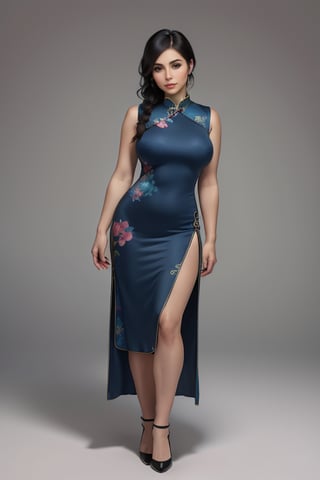 (masterpiece), 1woman, beautiful face, 30's, blue eyes, expressive eyes, big boob, round butt, (braid long black hair), standing pose, ((short blue cheongsam)), see at viewer, realistic, real photograph, gray background, high quality, 4K, 1080P