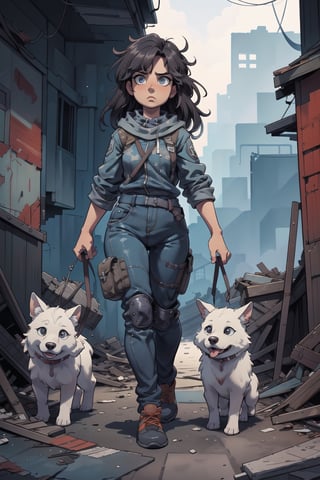 High resolution, extremely detailed, atmospheric scene, masterpiece, best quality, 64k, high quality, ((Full body)), SAM YANG, 1 woman, a survivor of post-apocalypse, walking her dog in the abandoned city, beautiful face with messy hair and gear, in the style of realistic and hyper-detailed renderings, detailed eyes, epic , dramatic , fantastical, full body , intricate design and details, dramatic lighting, hyperrealism, photorealistic, cinematic, detailed face EnvyBeautyMix23