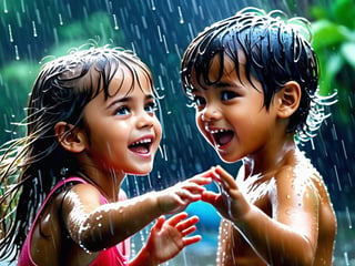 A little girl and boy in the downpour, dancing and enjoying the rain water, both have beautiful eyes and face with 5 fingers, wet hair and looking on the top with both the hands open, natural gleaming in the raindrops. Full view, High Resolution, High-Quality, UHD, 8K