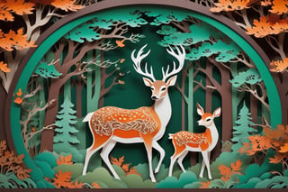 Chinese papercut window decoration featuring deer in full autumn forest background, orange, green and brown color scheme, elegant and mysterious, traditional art style, isolated background, intricate details, bright colors, artistic masterpiece, cinematic lighting, high resolution, cultural symbolism, digital illustration, by renowned papercut artists, 4k resolution.