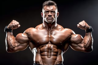 Massive body builder flexing biceps in front of camera showing muscles, without shirt, black background, studio lighting, visible veins, wearing a pair of black shorts, hyper realistic, hyper detailed, 8K resolution, masterpiece, fitness magazine, trending on ArtStation unreal engine.  