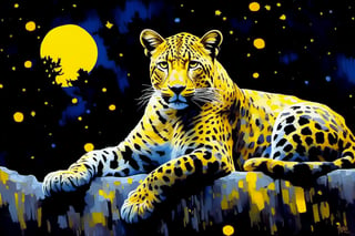 A whimsical impressionist oil painting captures a lone leopard seated in a tree, its body distorted by vibrant yellow and black glitches, like a digital artifact come to life. Under the starry night sky, where twinkling lights cast a soft glow, the feline form is bathed in an otherworldly radiance. The dark forest stretches out behind, a mysterious backdrop for this surreal, glitchy tableau.