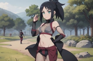  1girl, very_petite:1.2, hair_past_waist:1.3, black_hair, fishnets, emerald_eyes, in style of naruto, young, spiral_eyes:1.6, tiny_breasts, kunoichi
