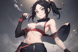  1girl, very_petite:1.2, hair_past_waist:1.3, black_hair, fishnets, emerald_eyes, in style of naruto, young, spiral_eyes:1.6, tiny_breasts, kunoichi
