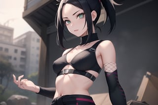  1girl, very_petite:1.2, hair_past_waist:1.3, black_hair, fishnets, emerald_eyes, in style of naruto, young, spiral_eyes:1.6, tiny_breasts, kunoichi
