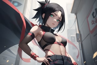  1girl, very_petite:1.2, hair_past_waist:1.3, black_hair, fishnets, emerald_eyes, in style of naruto, young, spiral_eyes:1.6, tiny_breasts, kunoichi
