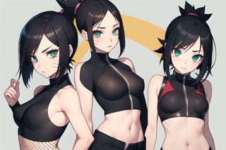  1girl, very_petite:1.2, hair_past_waist:1.3, black_hair, fishnets, emerald_eyes, in style of naruto, young, spiral_eyes:1.6, tiny_breasts, kunoichi
