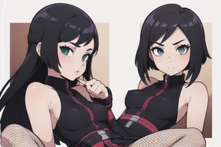  1girl, very_petite:1.2, hair_past_waist:1.3, black_hair, fishnets, emerald_eyes, in style of naruto, young, spiral_eyes:1.6, tiny_breasts, kunoichi
