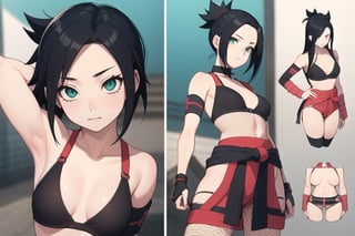  1girl, very_petite:1.2, hair_past_waist:1.3, black_hair, fishnets, emerald_eyes, in style of naruto, young, spiral_eyes:1.6, tiny_breasts, kunoichi
