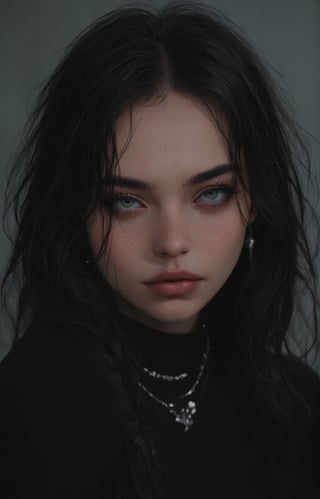 young woman with wavy, tousled hair styled with a braided crown. She has striking green eyes and a soft, natural makeup look, featuring a light pink blush and glossy lips. The subject wears a delicate necklace with a round pendant and pearl accents, enhancing her elegant appearance. The background is softly blurred, allowing natural light to accentuate her features. The overall color palette includes soft blues and warm skin tones, creating a fresh and inviting atmosphere. The image exudes a dreamy, ethereal quality, making it ideal for a romantic or fashion-themed composition.

