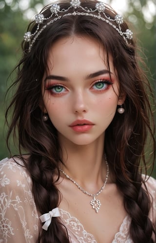 young woman with wavy, tousled hair styled with a braided crown. She has striking green eyes and a soft, natural makeup look, featuring a light pink blush and glossy lips. The subject wears a delicate necklace with a round pendant and pearl accents, enhancing her elegant appearance. The background is softly blurred, allowing natural light to accentuate her features. The overall color palette includes soft blues and warm skin tones, creating a fresh and inviting atmosphere. The image exudes a dreamy, ethereal quality, making it ideal for a romantic or fashion-themed composition.

