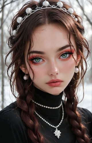 young woman with wavy, tousled hair styled with a braided crown. She has striking green eyes and a soft, natural makeup look, featuring a light pink blush and glossy lips. The subject wears a delicate necklace with a round pendant and pearl accents, enhancing her elegant appearance. The background is softly blurred, allowing natural light to accentuate her features. The overall color palette includes soft blues and warm skin tones, creating a fresh and inviting atmosphere. The image exudes a dreamy, ethereal quality, making it ideal for a romantic or fashion-themed composition.

