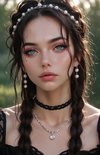 young woman with wavy, tousled hair styled with a braided crown. She has striking green eyes and a soft, natural makeup look, featuring a light pink blush and glossy lips. The subject wears a delicate necklace with a round pendant and pearl accents, enhancing her elegant appearance. The background is softly blurred, allowing natural light to accentuate her features. The overall color palette includes soft blues and warm skin tones, creating a fresh and inviting atmosphere. The image exudes a dreamy, ethereal quality, making it ideal for a romantic or fashion-themed composition.

