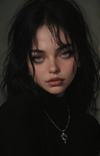 young woman with wavy, tousled hair styled with a braided crown. She has striking green eyes and a soft, natural makeup look, featuring a light pink blush and glossy lips. The subject wears a delicate necklace with a round pendant and pearl accents, enhancing her elegant appearance. The background is softly blurred, allowing natural light to accentuate her features. The overall color palette includes soft blues and warm skin tones, creating a fresh and inviting atmosphere. The image exudes a dreamy, ethereal quality, making it ideal for a romantic or fashion-themed composition.

