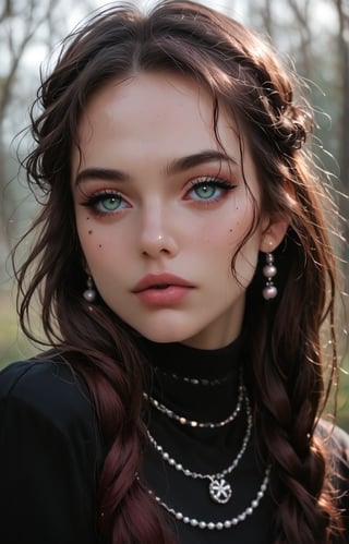 young woman with wavy, tousled hair styled with a braided crown. She has striking green eyes and a soft, natural makeup look, featuring a light pink blush and glossy lips. The subject wears a delicate necklace with a round pendant and pearl accents, enhancing her elegant appearance. The background is softly blurred, allowing natural light to accentuate her features. The overall color palette includes soft blues and warm skin tones, creating a fresh and inviting atmosphere. The image exudes a dreamy, ethereal quality, making it ideal for a romantic or fashion-themed composition.

