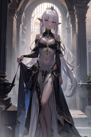 ((masterpiece)), ((ultra detailed)), (ultra quality), scenery, jewellery, dress, earrings, dark elf, long silver hair set in perfect princess curls, grey skin, grey pearly skin, violet eyes, petite, dark elf, dark skin,