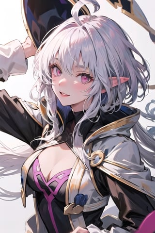 ((masterpiece)), ((ultra detailed)), (ultra quality), (very_high_resolution), merlin, fate/grand_order, very long white hair, ahoge, Pink Eyes, Long Elvish Ears,very long hair, 