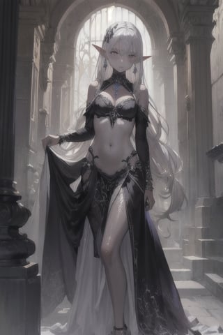 ((masterpiece)), ((ultra detailed)), (ultra quality), scenery, jewellery, dress, earrings, dark elf, long silver hair set in perfect princess curls, grey skin, grey pearly skin, violet eyes, petite, dark elf, dark skin,