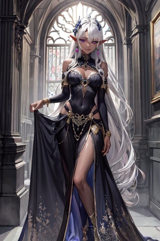 ((masterpiece)), ((ultra detailed)), (ultra quality), scenery, jewellery, dress, earrings, dark elf, long silver hair set in perfect princess curls, grey skin, grey pearly skin, violet eyes, petite, dark elf, dark skin,