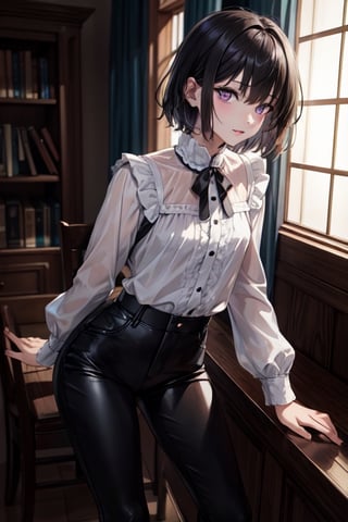 ((masterpiece)), ((best quality)), ((ultra high resolution)), 1girl, tom boy, princess, medieval, black pants, black hair, violet eyes, tomboy, small bust, blouse, medium length hair, royalty,