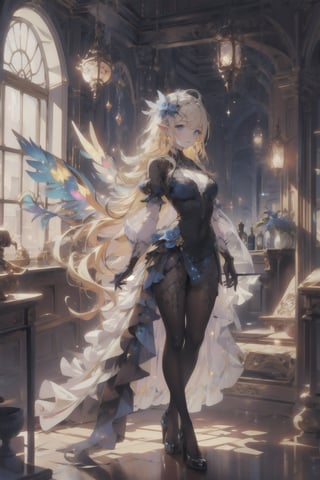 ((masterpiece)), ((ultra detailed)), (ultra quality), (very_high_resolution), golden blonde hair, blue eyes, pale skin, medieval, medium_breasts, solo, long hair, jewelry, earrings, pointy ears, fairy, hair ornament, wings, black gloves, indoors, formal, full_body, midjourney, dress,DonMF41ryW1ng5