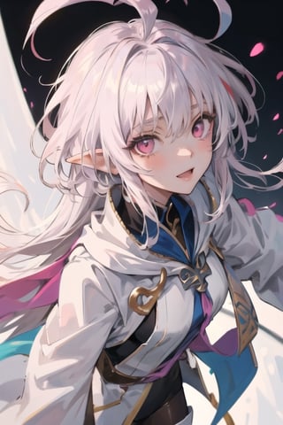 ((masterpiece)), ((ultra detailed)), (ultra quality), (very_high_resolution), merlin, fate/grand_order, very long white hair, ahoge, Pink Eyes, Long Elvish Ears, full-body_portrait,