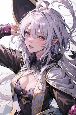 ((masterpiece)), ((ultra detailed)), (ultra quality), (very_high_resolution), merlin, fate/grand_order, very long white hair, ahoge, Pink Eyes, Long Elvish Ears,very long hair, frills,