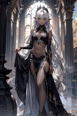 ((masterpiece)), ((ultra detailed)), (ultra quality), scenery, jewellery, dress, earrings, dark elf, long silver hair set in perfect princess curls, ((grey skin)), violet eyes, petite, dark elf, dark skin, midjourney, ashy skin, pale skin,