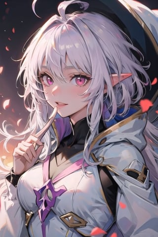 ((masterpiece)), ((ultra detailed)), (ultra quality), (very_high_resolution), merlin, fate/grand_order, very long white hair, ahoge, Pink Eyes, Long Elvish Ears, full-body_portrait,