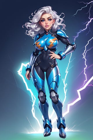 (score_9, score_8_up, score_7_up, score_6_up), 1 girl, wavy hair, wicking clothes, (robot girl),cool movement, silver body, (lightning effect),silver dragon armor,(cool face), perfect hands, pretty face, simple_background, (full body, standing, front),big breast, silver armor,