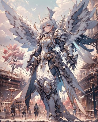 Medieval equipment, woman, knights (ensemble stars!),armor, wings, sky,white armor, cloud, outdoors, angel wings, bird,blend, medium shot, bokeh, action_pose,fantasy00d,combat scene,