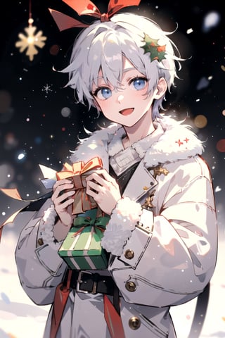 masterpiece, 1 little boy, christmas, holding presents, happy, snow, winter,1guy